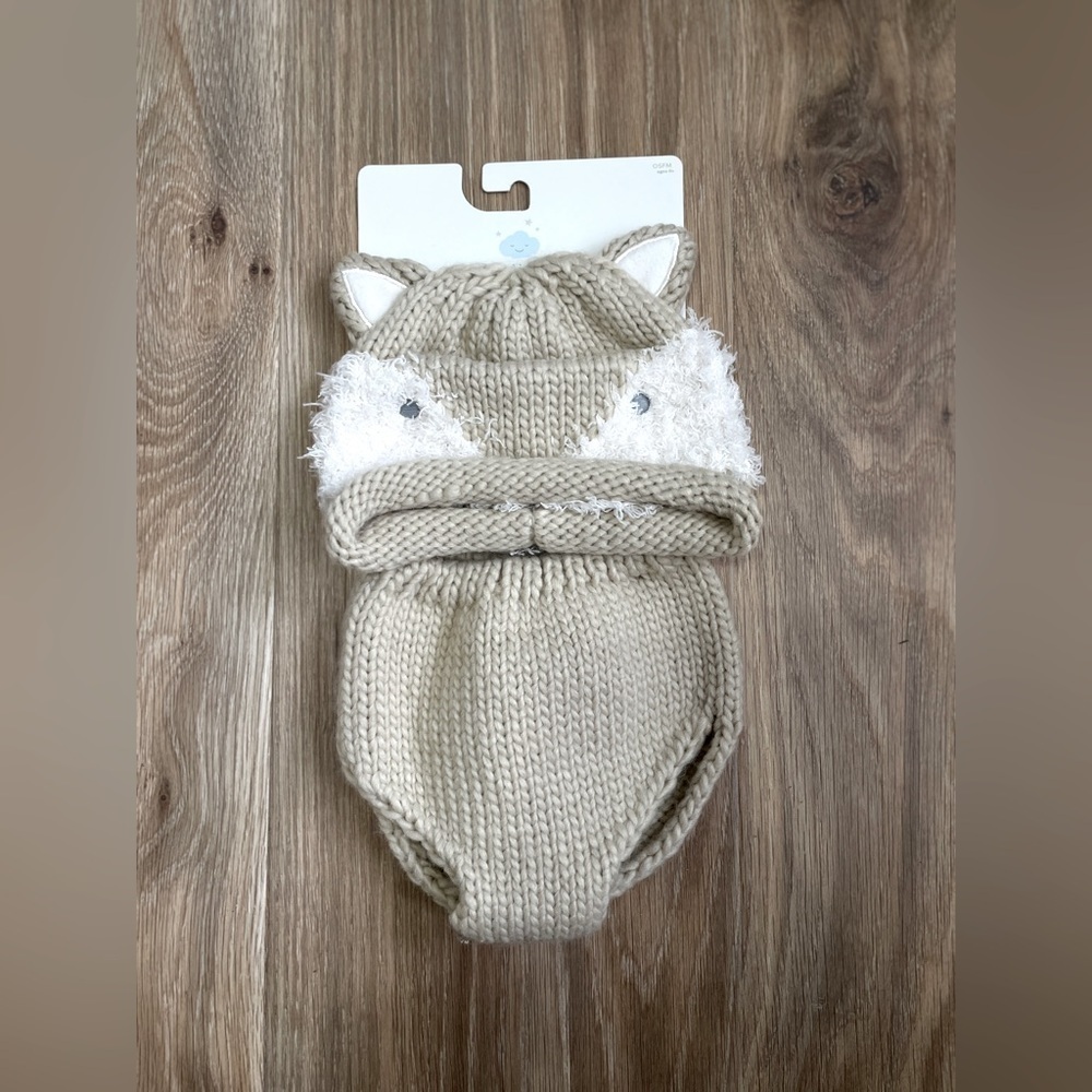 Cloud Island Baby Fox Hat and Diaper Cover Set in Beige/White One Size (0-6M)